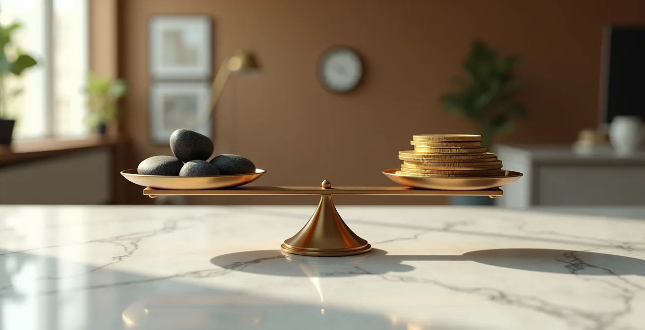 Métaphore visuelle du paradoxe de l'opportunité avec balance équilibrée entre peur et opportunité