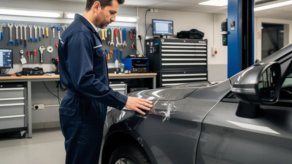 Technicien automobile inspectant l'aile avant d'un véhicule légèrement endommagé dans un atelier Technicien automobile inspectant l'aile avant d'un véhicule légèrement endommagé dans un atelier